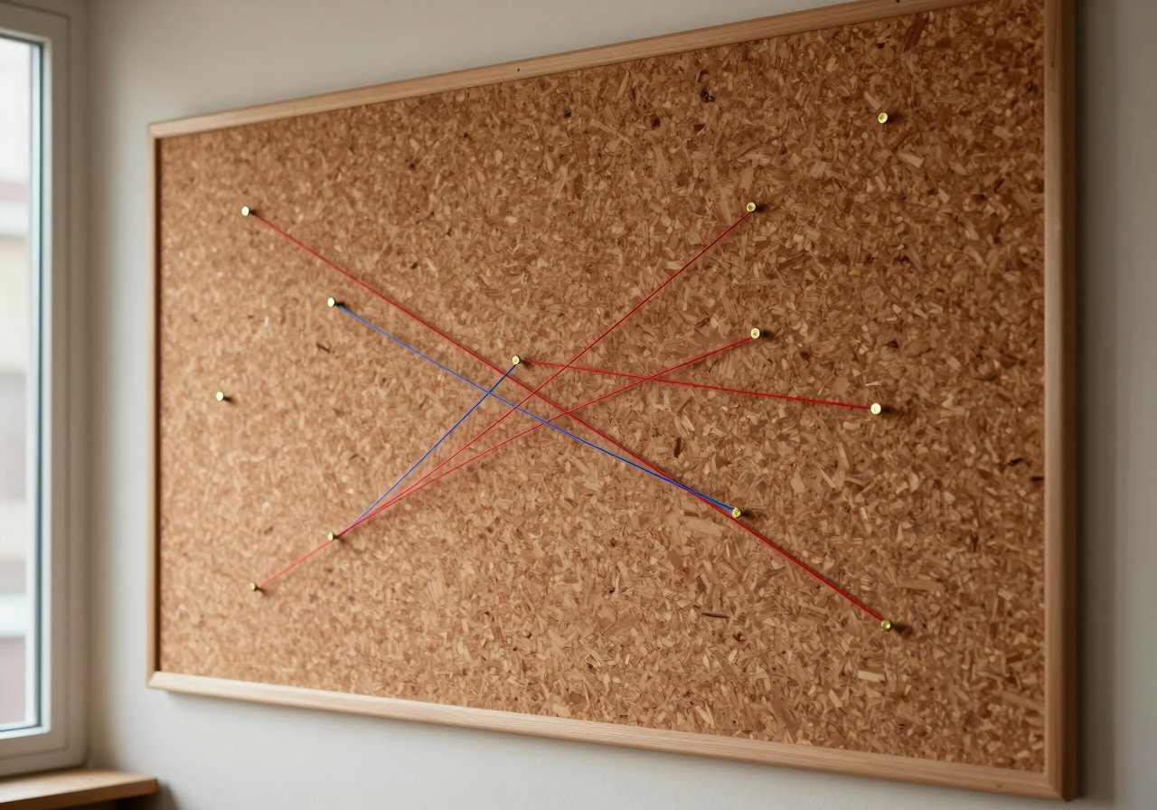 Red and blue threads stretched between brass pins across a cork board, branching and rejoining