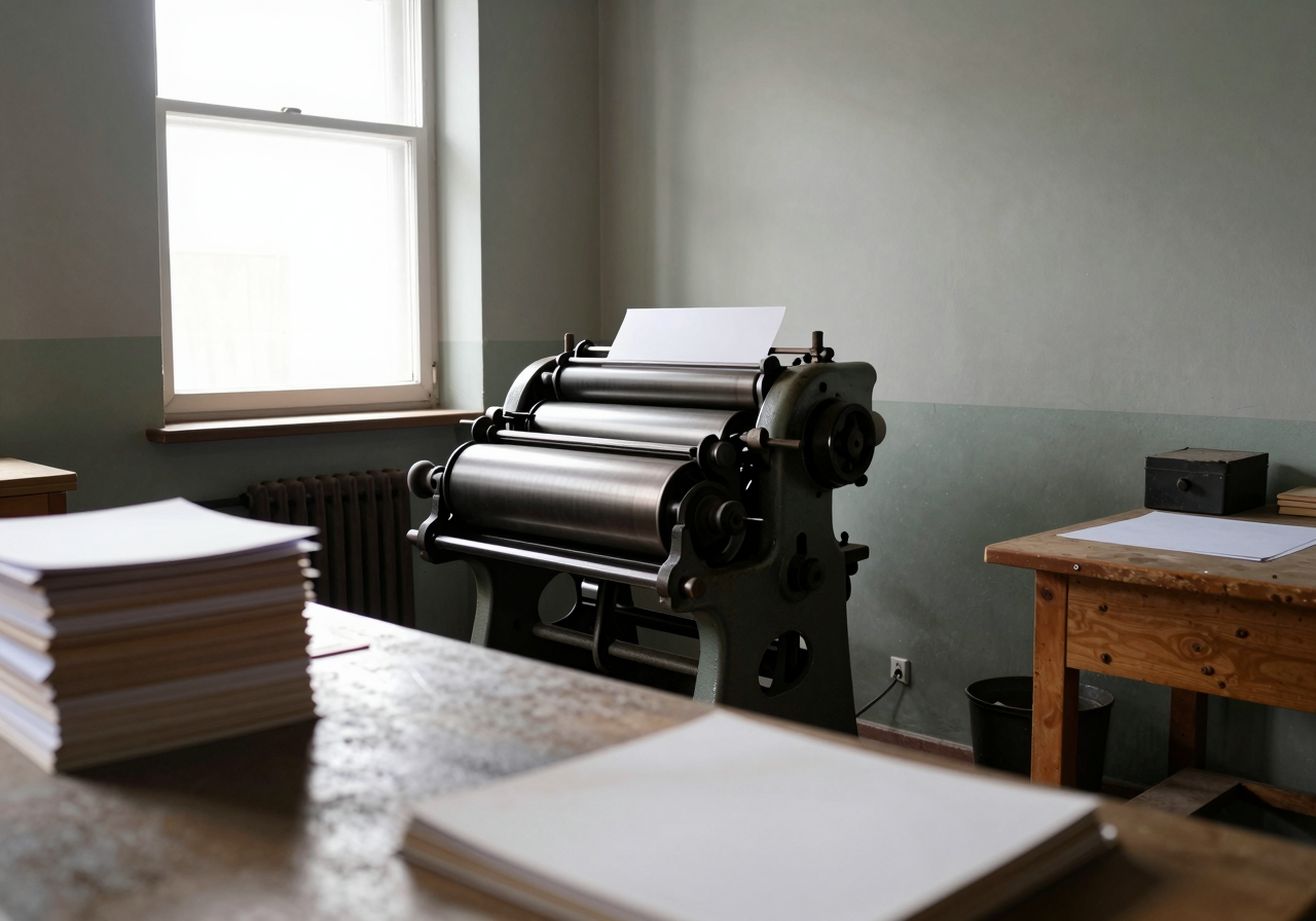 A cast-iron printing press standing in a quiet workshop seen from across the room