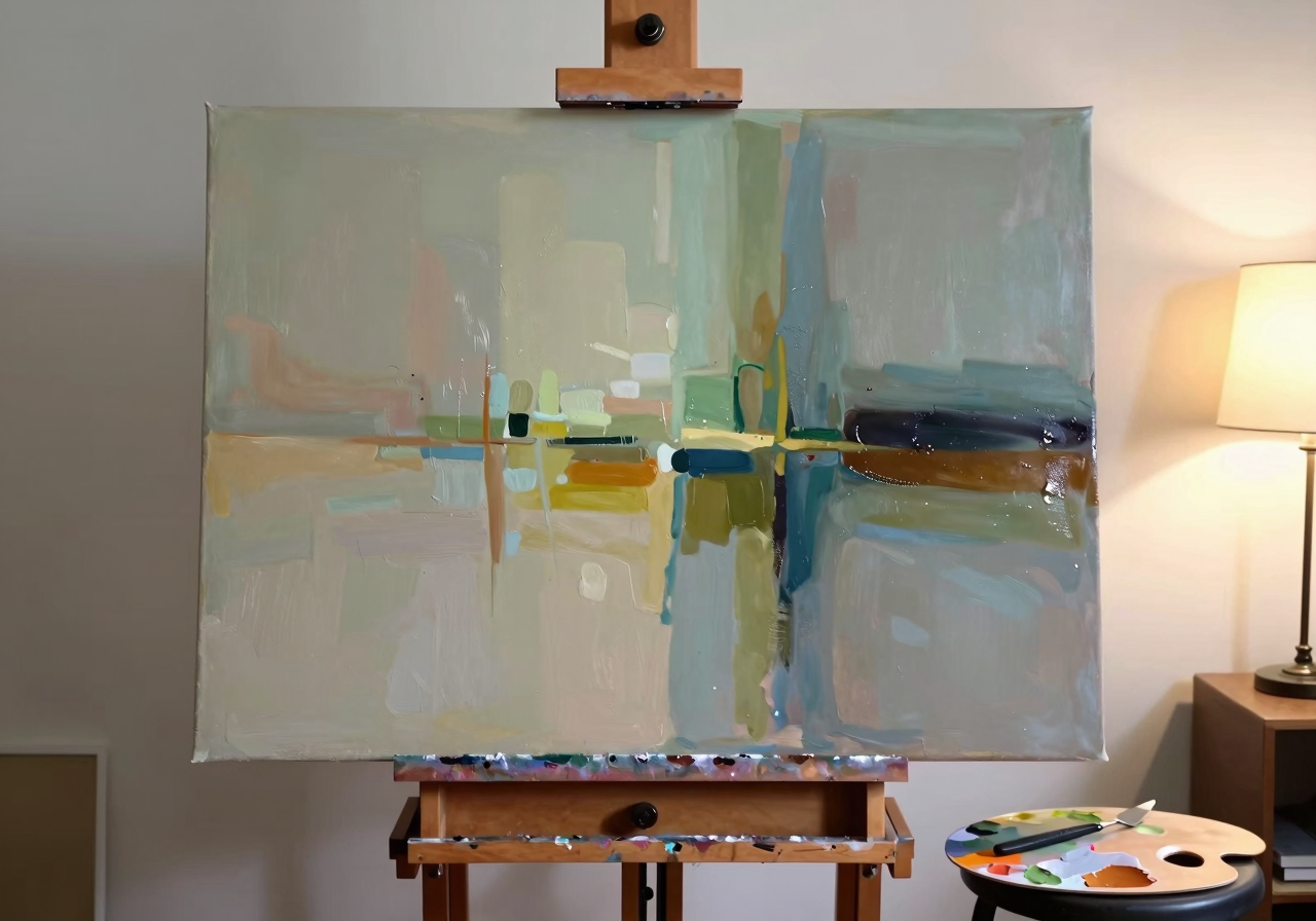 A large half-finished canvas on a wooden easel with one area still wet, a palette knife resting on a stool