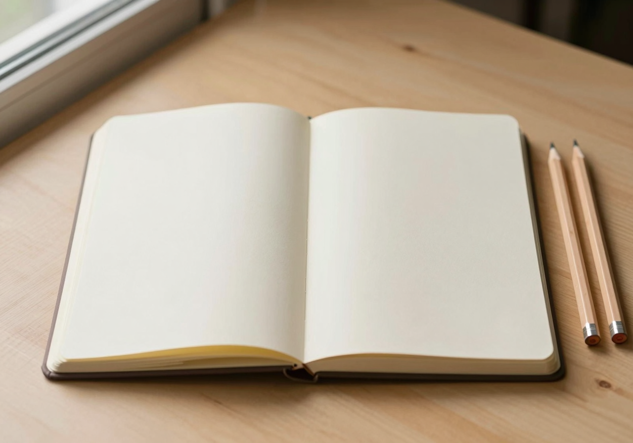 An open sketchbook with a blank page and three sharpened pencils lined up beside it on a pale desk