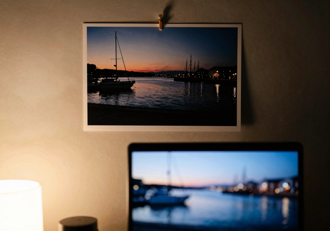 A still photograph of a harbour at dusk pinned above a screen showing the same scene with the water in motion