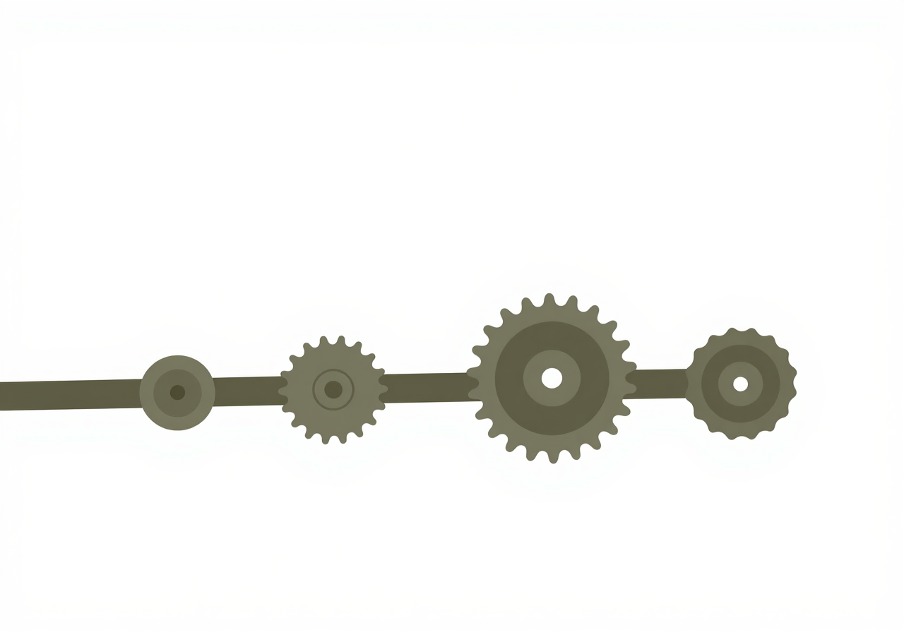 A single continuous belt looping around four wooden pulleys of different sizes