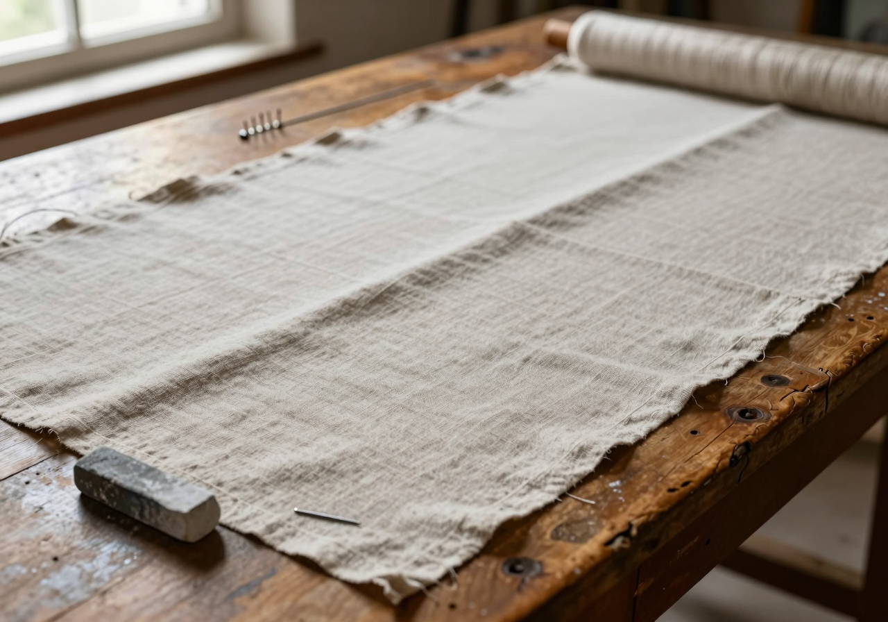 Plain linen laid on a tailor's table with pins and chalk marking a small alteration
