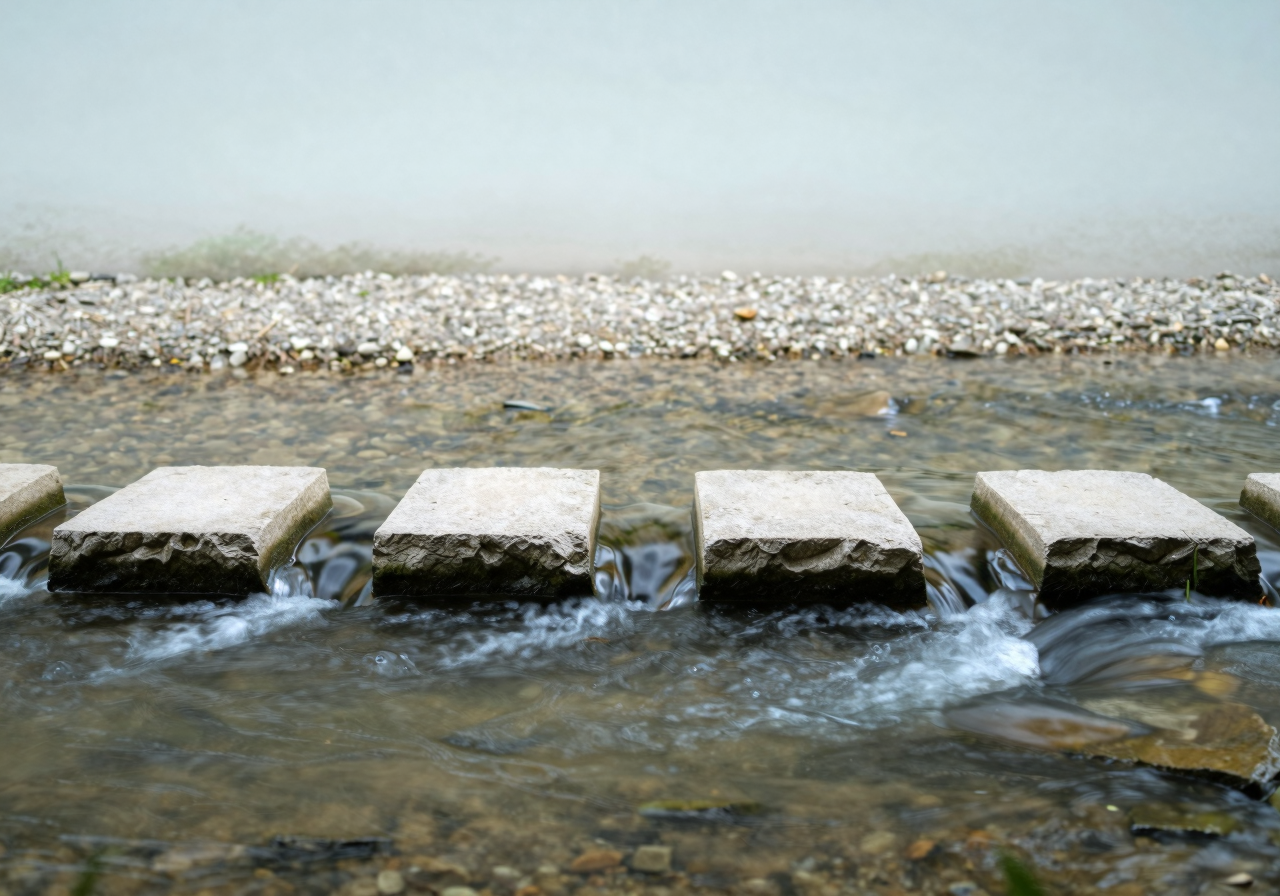 Four flat stepping stones crossing a shallow stream in early morning light