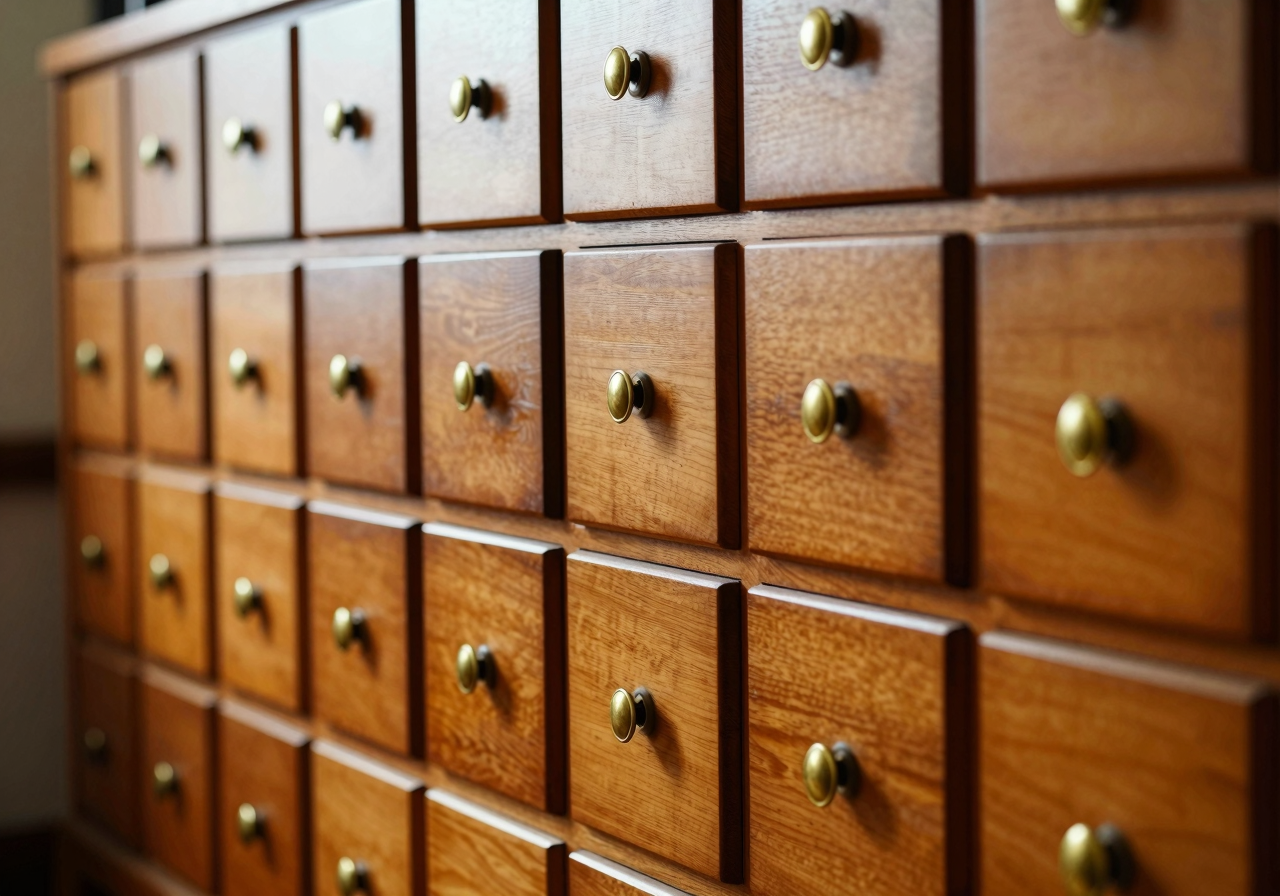 A wall of small wooden apothecary drawers with brass pulls, lit softly from one side