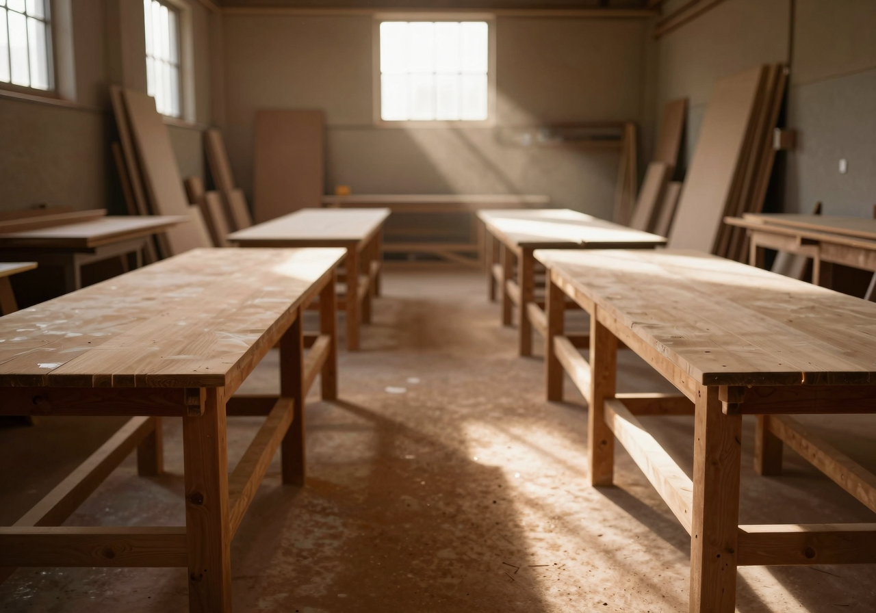 Rows of identical empty wooden workbenches receding down a long workshop in dusty light