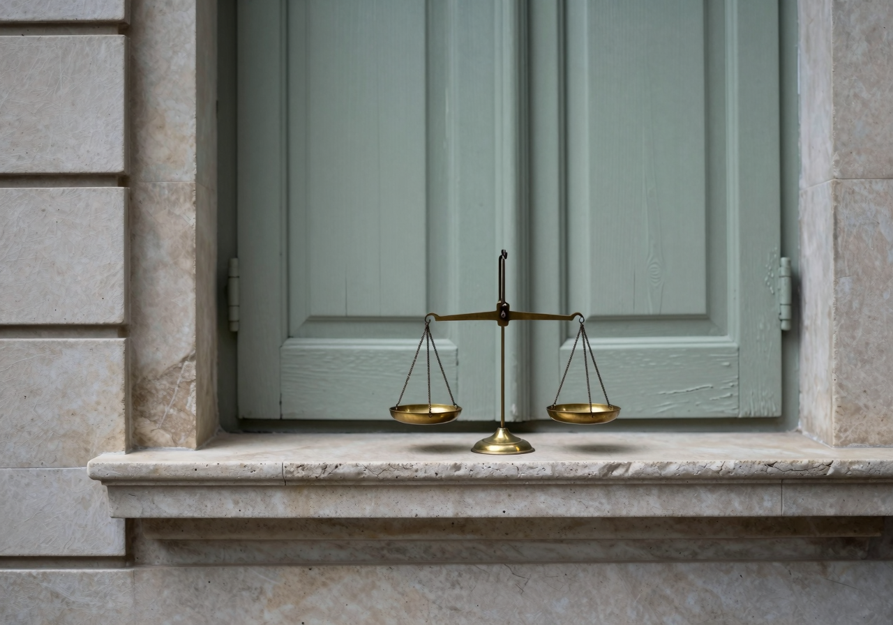 A small brass balance scale on a pale stone windowsill beside a half-closed shutter