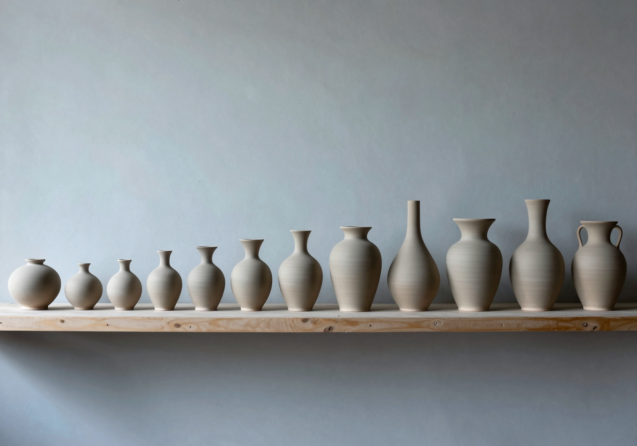 A long shelf of plain ceramic vessels graduating from thimble-sized to tall