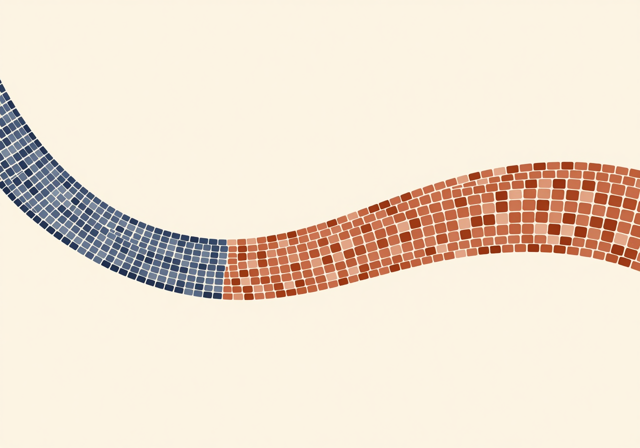 A smooth curved shape built from mosaic tiles that grow steadily coarser from left to right