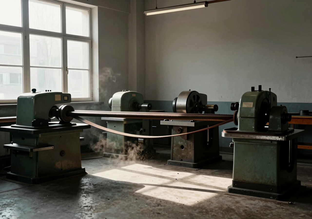 Leather belts running from an overhead shaft down to machines in an old workshop