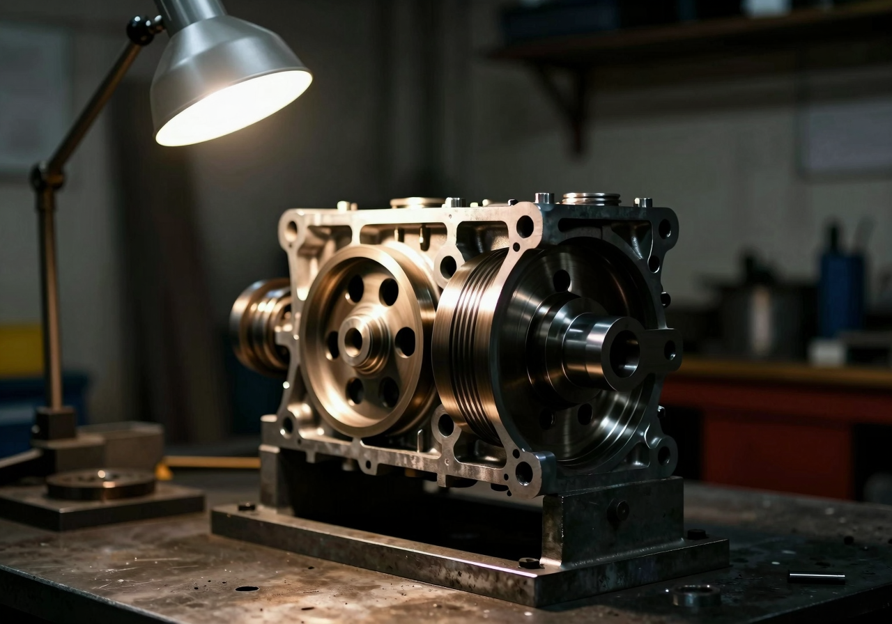 A cutaway single-cylinder engine on a test stand, lit by one work lamp
