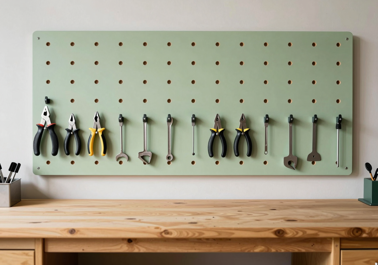 Hand tools hung in neat rows on a pegboard above an empty workbench