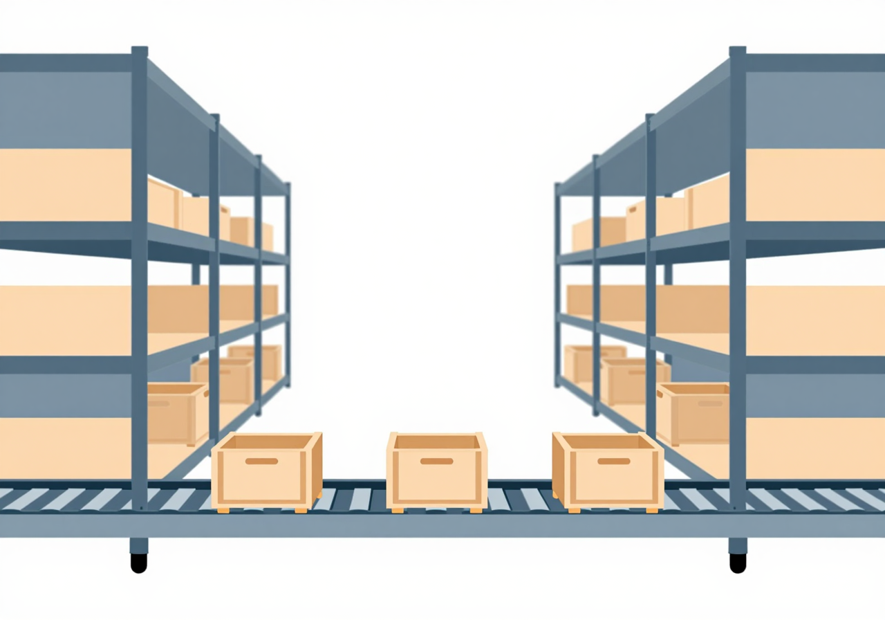An overhead conveyor carrying plain crates between tall racks in an empty warehouse