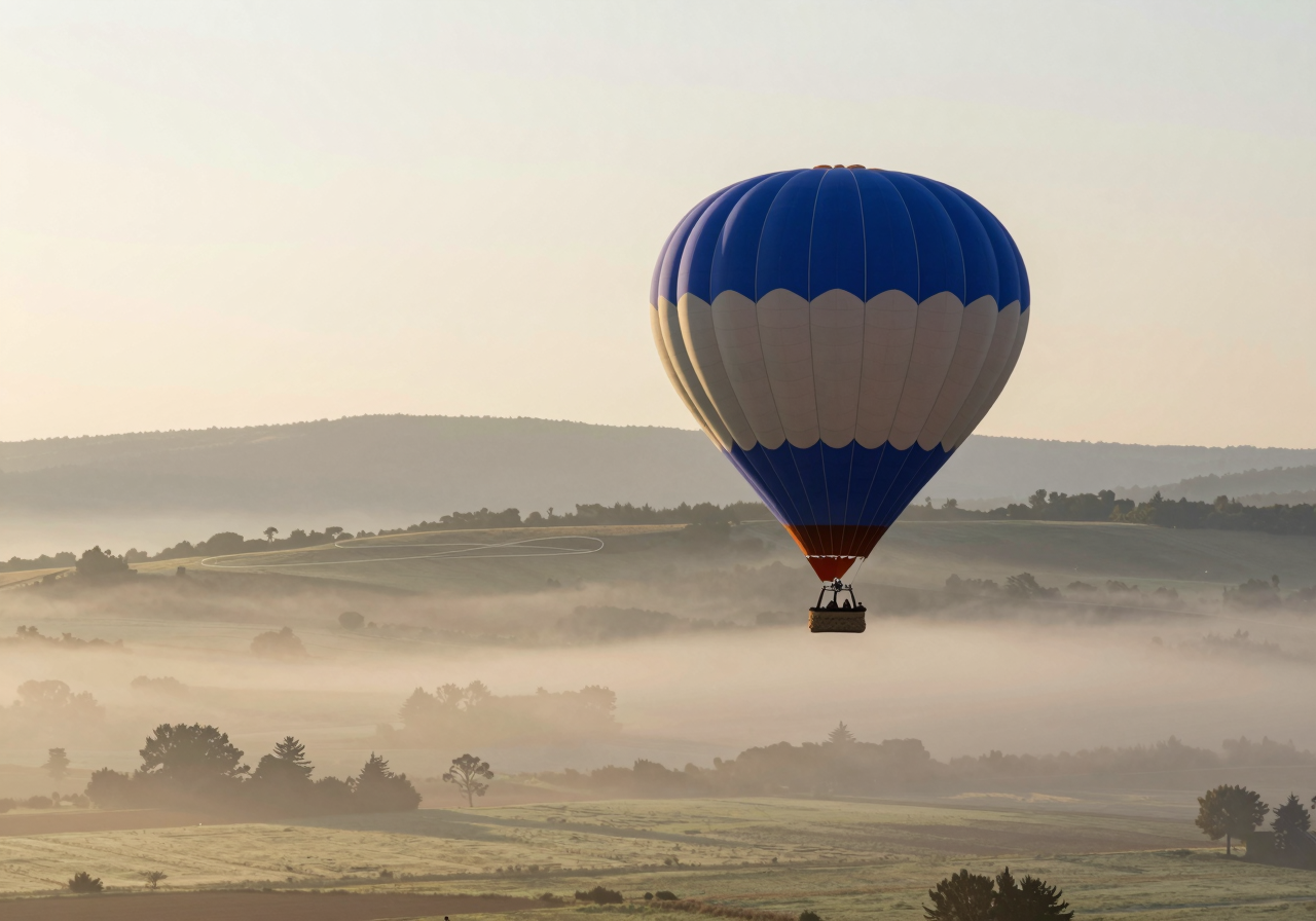 A single photograph of a hot air balloon over a misty valley, with a faint trail of repeated outlines showing it drifting