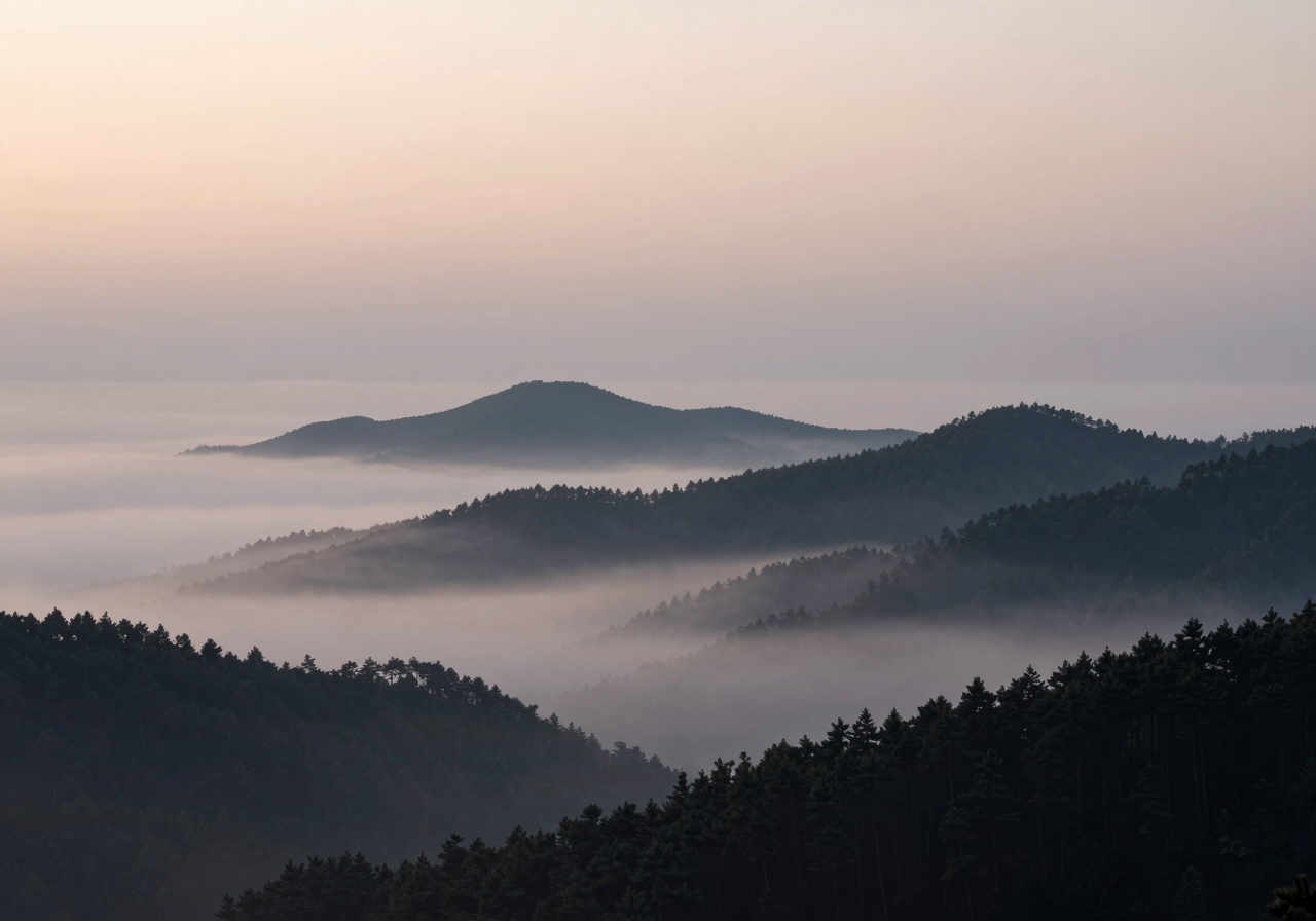 A wide shot of drifting fog over a dark pine ridge at dawn, the kind of motion a prompt alone describes well