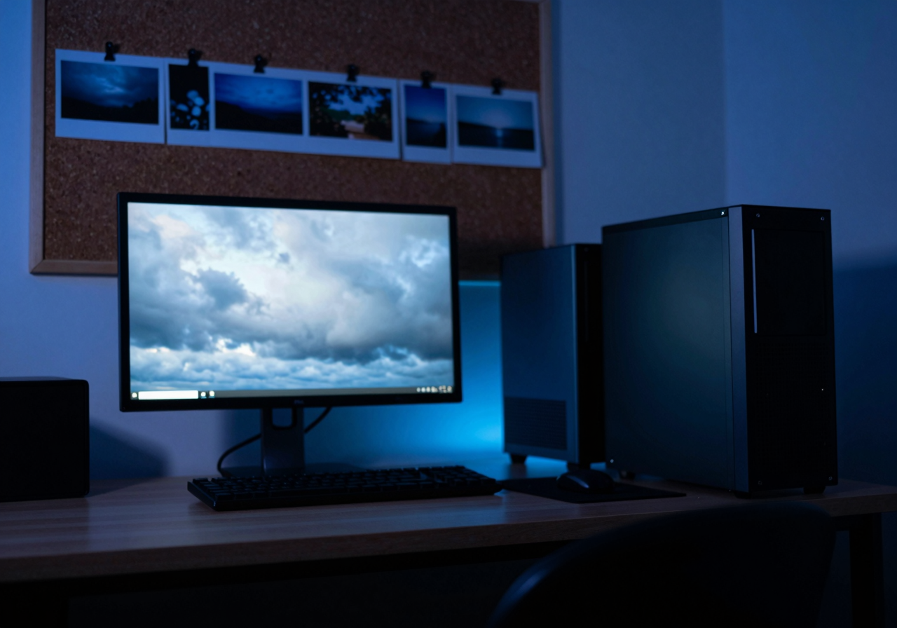 A desktop computer beside a monitor showing a short looping clip of drifting clouds, frames of the same scene pinned to a corkboard behind it
