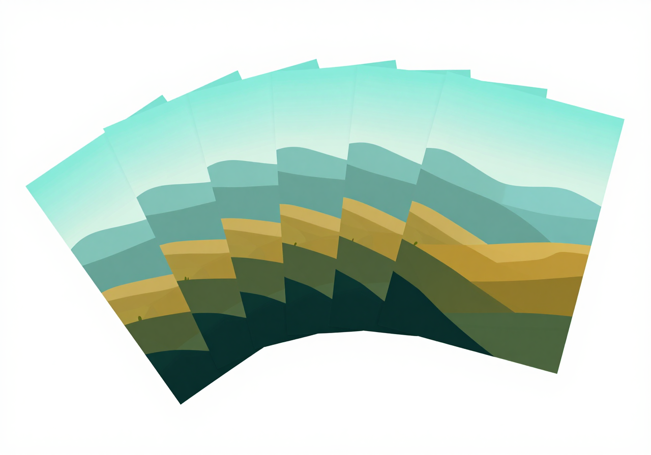 Rows of nearly identical landscape frames fanned out in sequence, each one slightly different from the last