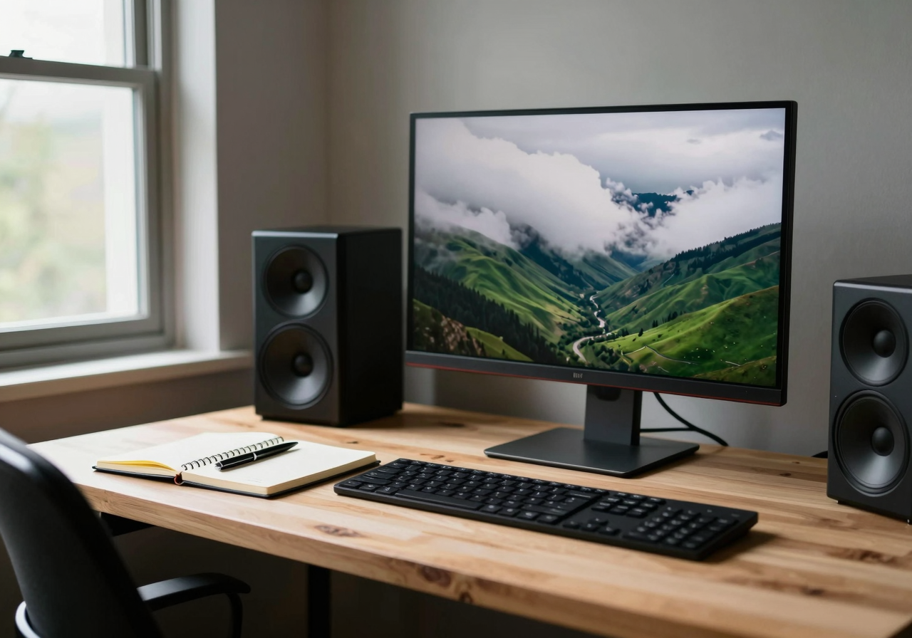 A desk with a monitor showing a short looping clip of drifting clouds, notebook and pen beside the keyboard
