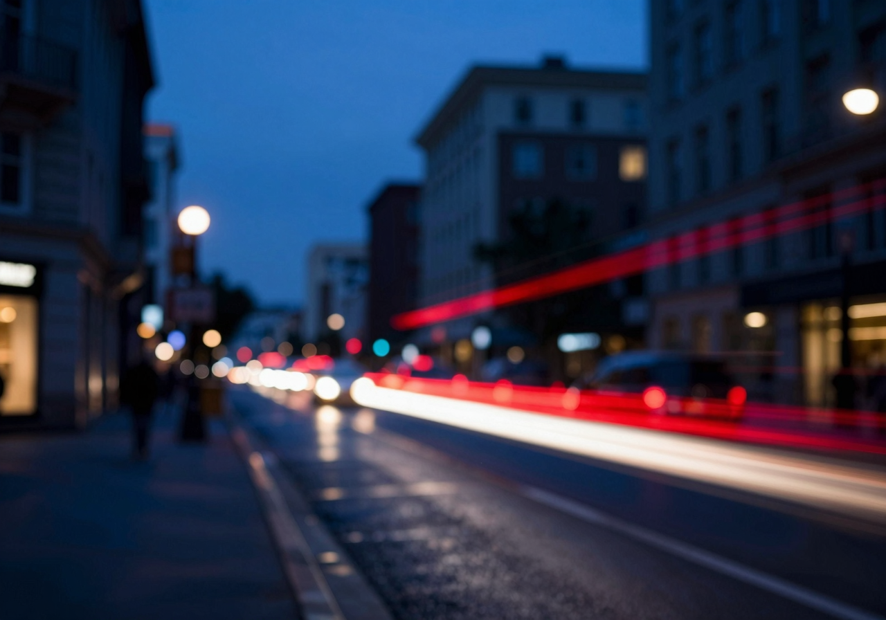 Long-exposure photograph of traffic light trails along a city street at dusk